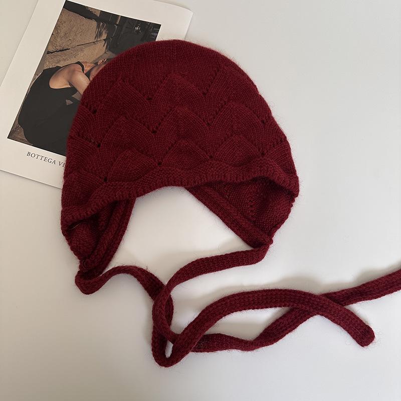 Angola Rabbit Fur Knitted Hat for Women, Lace-up Bag Head Hat In Autumn and Winter, Wool Thermal Ear Protection Hat Shows a Small Tide