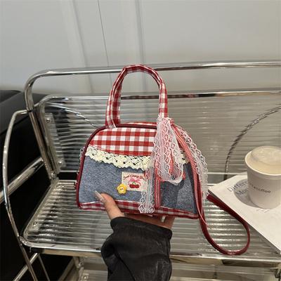 Bolsa de mão estilo pastoral de alto valor com botão de flor doce nova bolsa mensageiro estilo bowling com retalhos xadrez vermelho bolsa de ombro