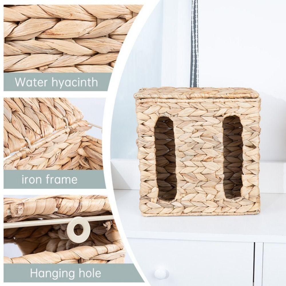 Rectangular Straw Weaving Storage Basket Wall Mounted with Lid Tissue Box Large Capacity Garbage Bag Storage Box Living Room