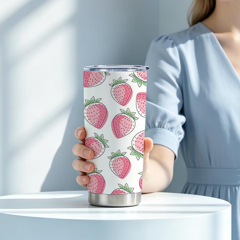 Car Tumbler 591ml(1 Random Straw Included)Hand-Draw Strawberry MotifLarge Iced Cup Commuter Cup Steel Straw Cup 591ml Car Tumbler
