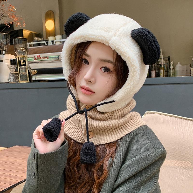 Herbst- und Wintermütze weiblich niedliche Mütze Schal integriert Winter warm verdickt Samt Ohrenmütze