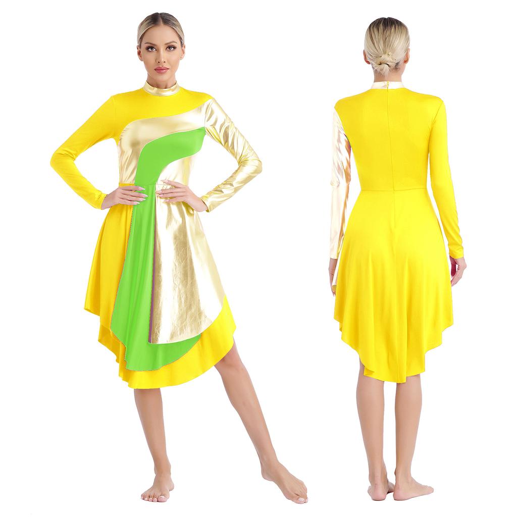 Women Color Block Liturgical Praise Dance Dress Church Worship Costume Lyrical Irregular Hem Dancewear