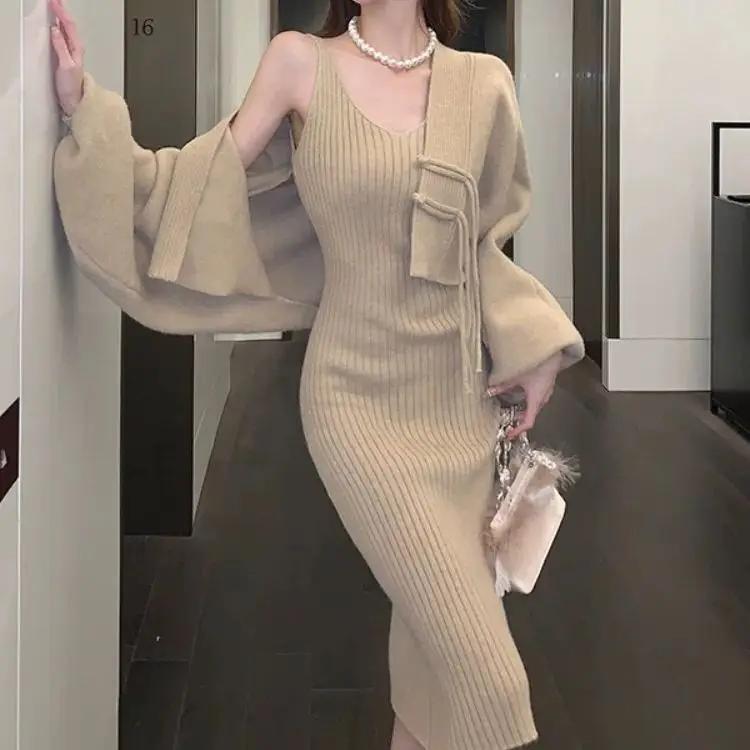 Solid Color Knitwear Set Lace Up Chinese Knitted Cardigan Women Sweater Coat Camisole Dress Two Piece Set Women Outfits