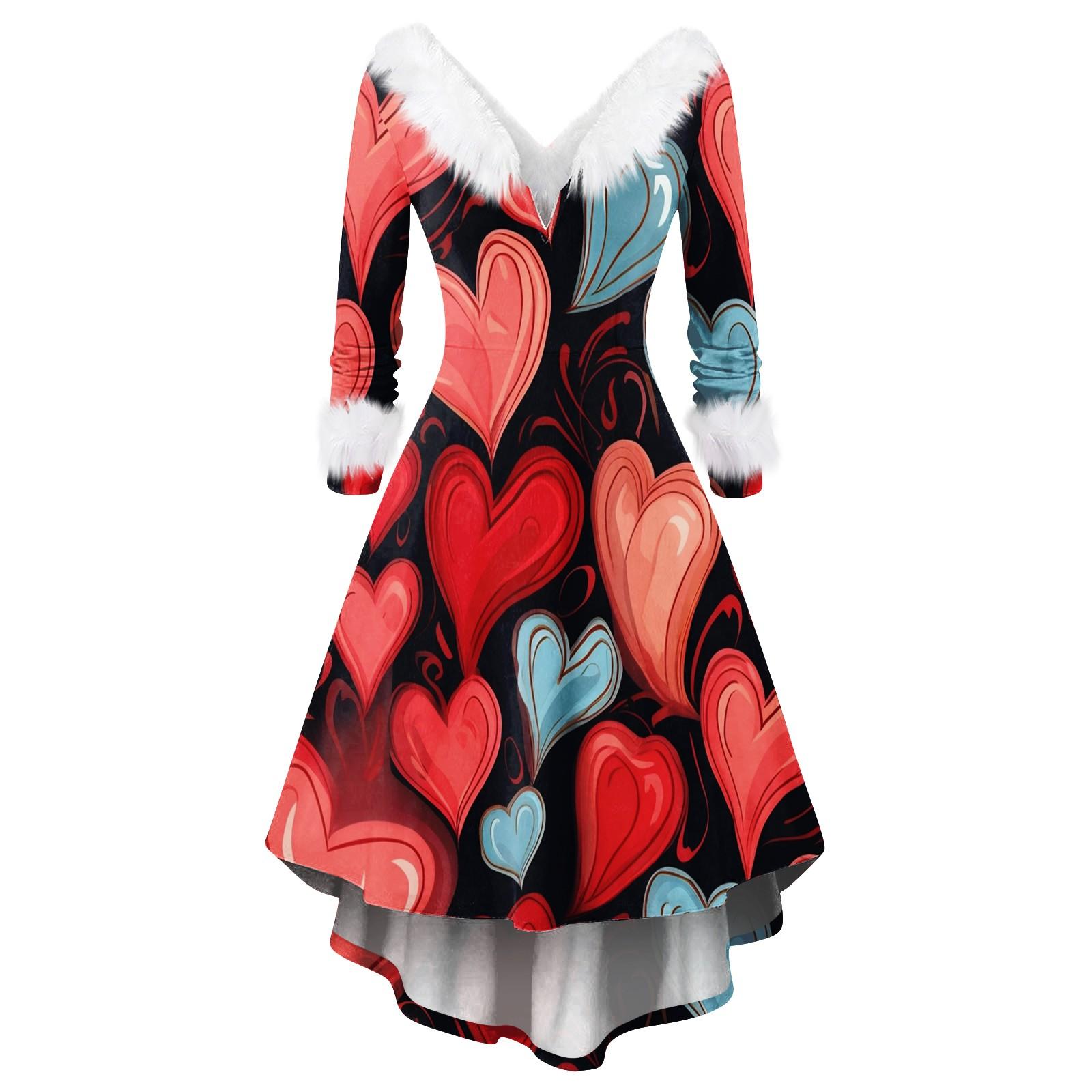 

Женское модное повседневное приталенное платье с V-образным вырезом и принтом в виде сердца ко Дню святого Валентина с длинными рукавами из меха XL винный