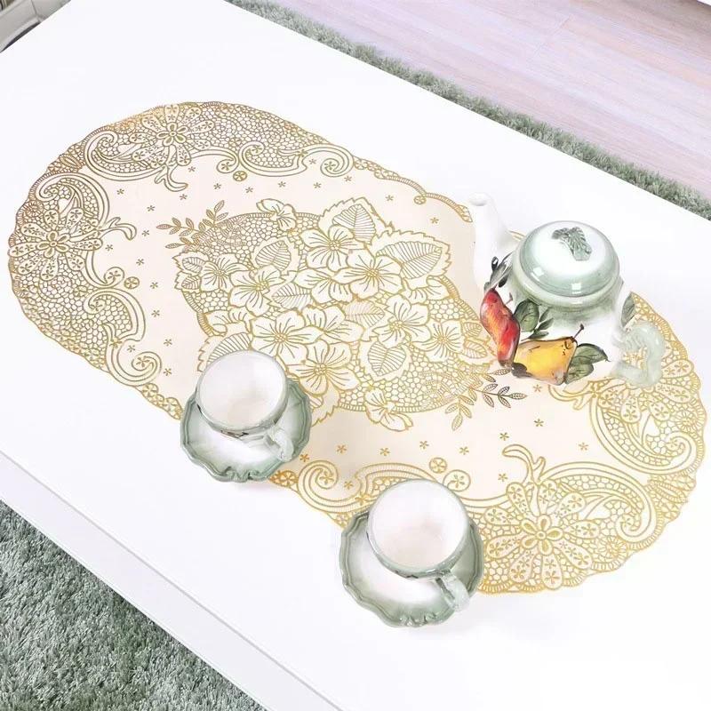 Vintage Lace Embroidered Oval Tablecloth for Wedding Party Home Tea Table Mats Kitchen Decoration Waterproof PVC Desk Cloth