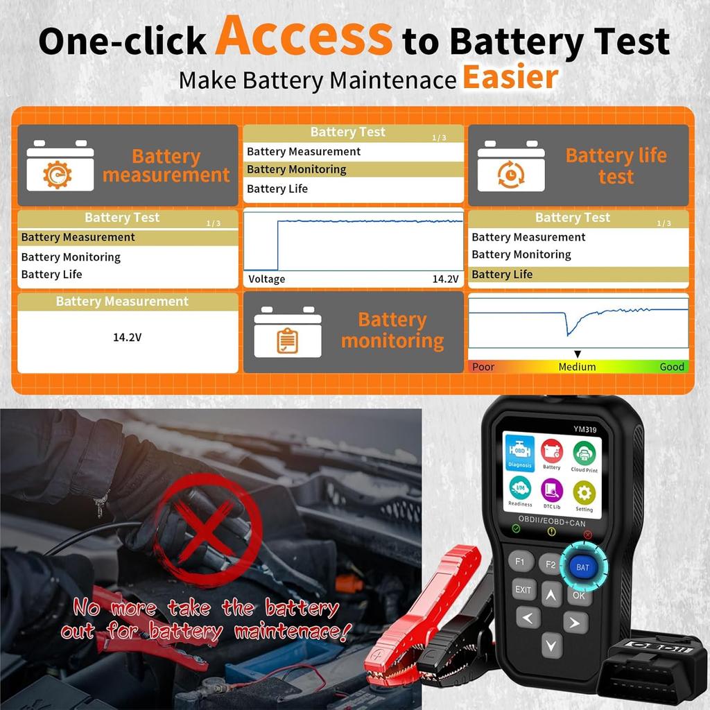 OBD2 Skener Tester baterie Diagnostický nástroj, Čtečka kódů auta CAN Smazat kontrolku závady, Skenování Napětí/Životnosti autobaterie, Tiskárna pro OBDII vozidla od roku 1996