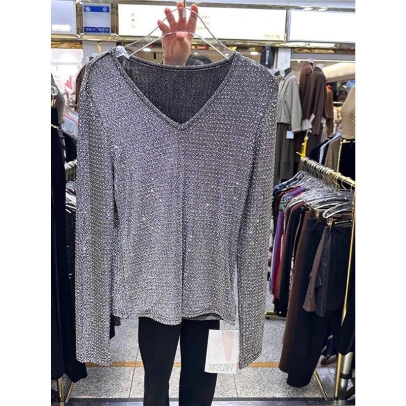 

Блестящая шелковая женская футболка с длинным рукавом большого размера XXXL серебряный серый