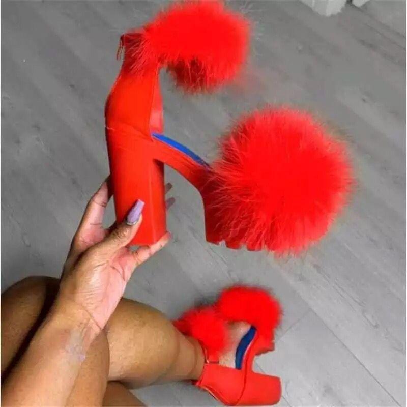 Summer New Thick Heel High Heel Sandals Women's Large Size Women's Fluffy Platform Fashion Women's Sandals