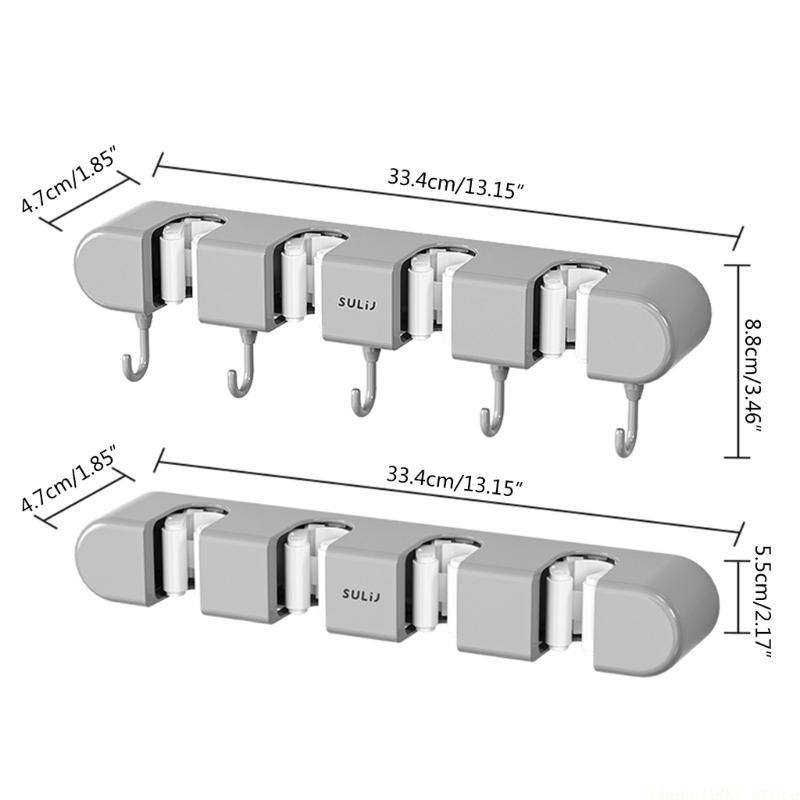 QX2E Mop and Broom Holder with 5 Hooks Wall Mount Broom Grippers Holds Adhesive No Drilling Broom and Dustpan Hanger