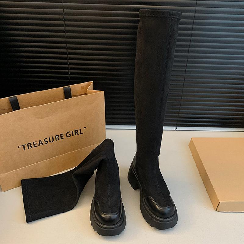 

Модные длинные сапоги женские на высоком каблуке замшевые модные туфли на массивном каблуке дизайнерские ботфорты 2025 повседневные новые зимние mujer botas 40 чёрный