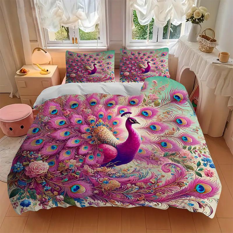 3pcs Pink Peacock with Open Tail Printed Quilt Set - Soft and Comfortable Quilt Cover for Bedroom, Guest Room and Dormitory Decorative Bedding Se
