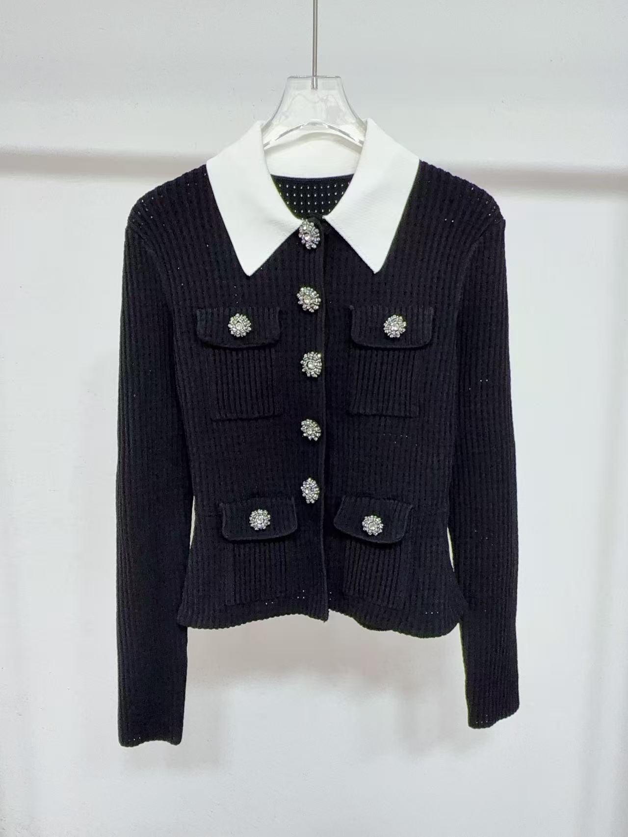 

Black & White Color Block Lapel Knit Pullover - Elegant Early Spring Long Sleeve Top Large білий/чорний