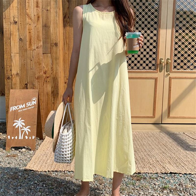 Women s cotton and linen dress summer medium and long thin sleeveless vest skirt long dress S жёлтый
