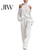 Relaxed Fit Clothing Autumn Women Sweater Pants Set, Cold Shoulder Knit & Wide Leg Ladies Daily Pants, Solid Color Long Sleeves Top Trousers Two Piece