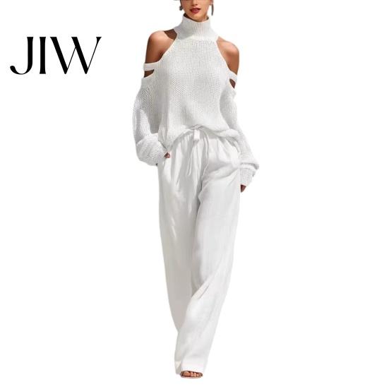 Relaxed Fit Clothing Autumn Women Sweater Pants Set, Cold Shoulder Knit & Wide Leg Ladies Daily Pants, Solid Color Long Sleeves Top Trousers Two Piece