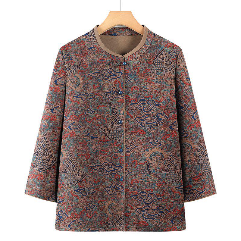 

Mom s Stylish Spring Top: Printed Stand Collar Shirt with Frog Buttons for Elderly Women 4XL (for 130-142 kg)