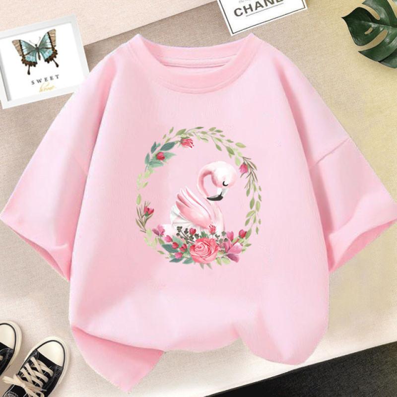 Summer Cute Kids T-shirt Flamingo Cartoon Print Graphic T Shirt Girls Kawaii Tops Fashion Design Clothes