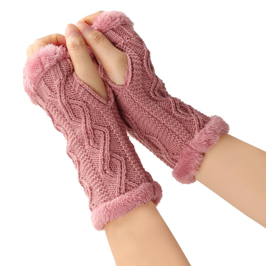 Women's Winter Warm Wool Gloves, Fingerless Diamond Knit Short Gloves