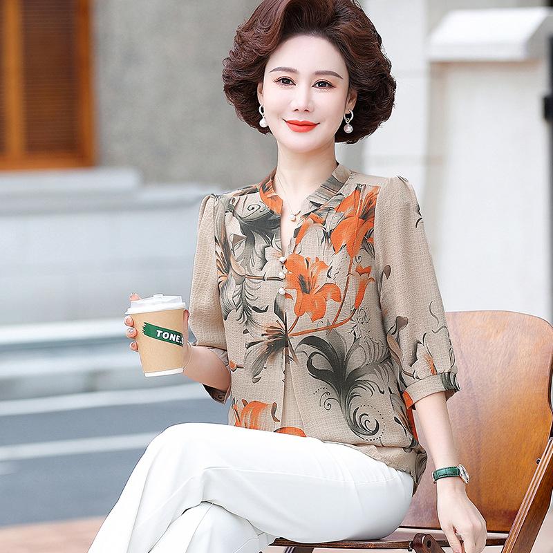 Summer Vintage Broken Flowers Blouse Commute Single-breasted Female Clothing Folk Casual Round Neck Half Sleeve Shirt