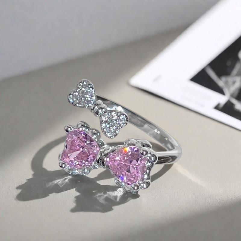 Sweet And Cool Pink Diamond Bow Series Open Ring Women'S Light Luxury Temperament Niche Design High-End Fashion Index Finger Ring