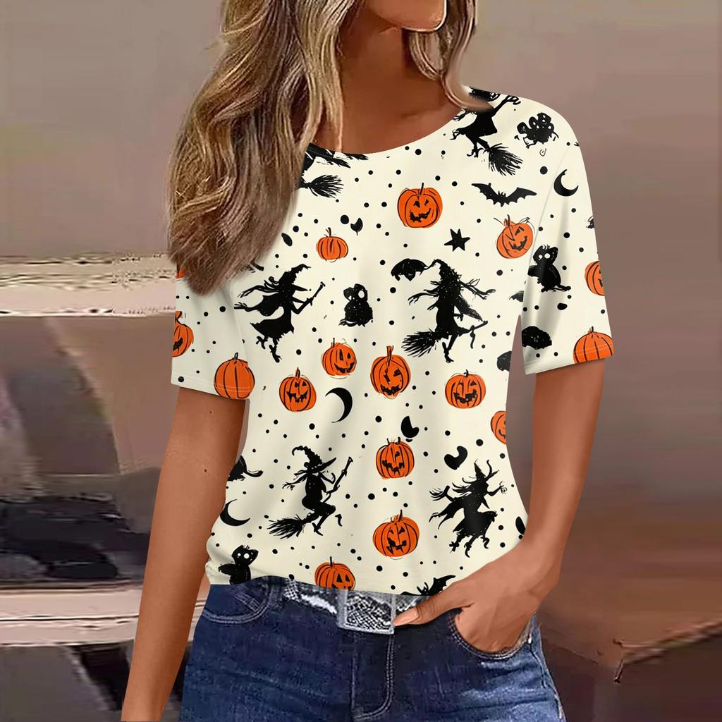 Women's Casual Short Sleeve Pullover Top Halloween Pumpkin Bat Print Round Neck Fashionable Relaxed Fit Shirt for Everyday Wear