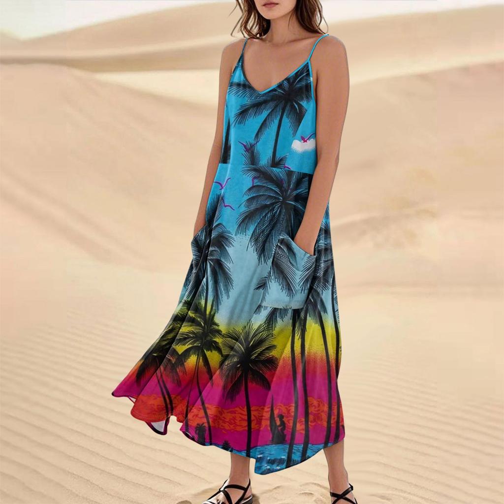 Women's Casual V Neck Hawaiian Print Sleeveless Pocket Suspender Dress