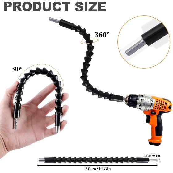 21 Pcs Right Angle Drill Attachment Set Includes 2Pcs Flexible Drill Bit Extension 3Pcs 360° Rotatable 1/4 3/8 1/2" Impact Grade Socket Adapter 3Pcs
