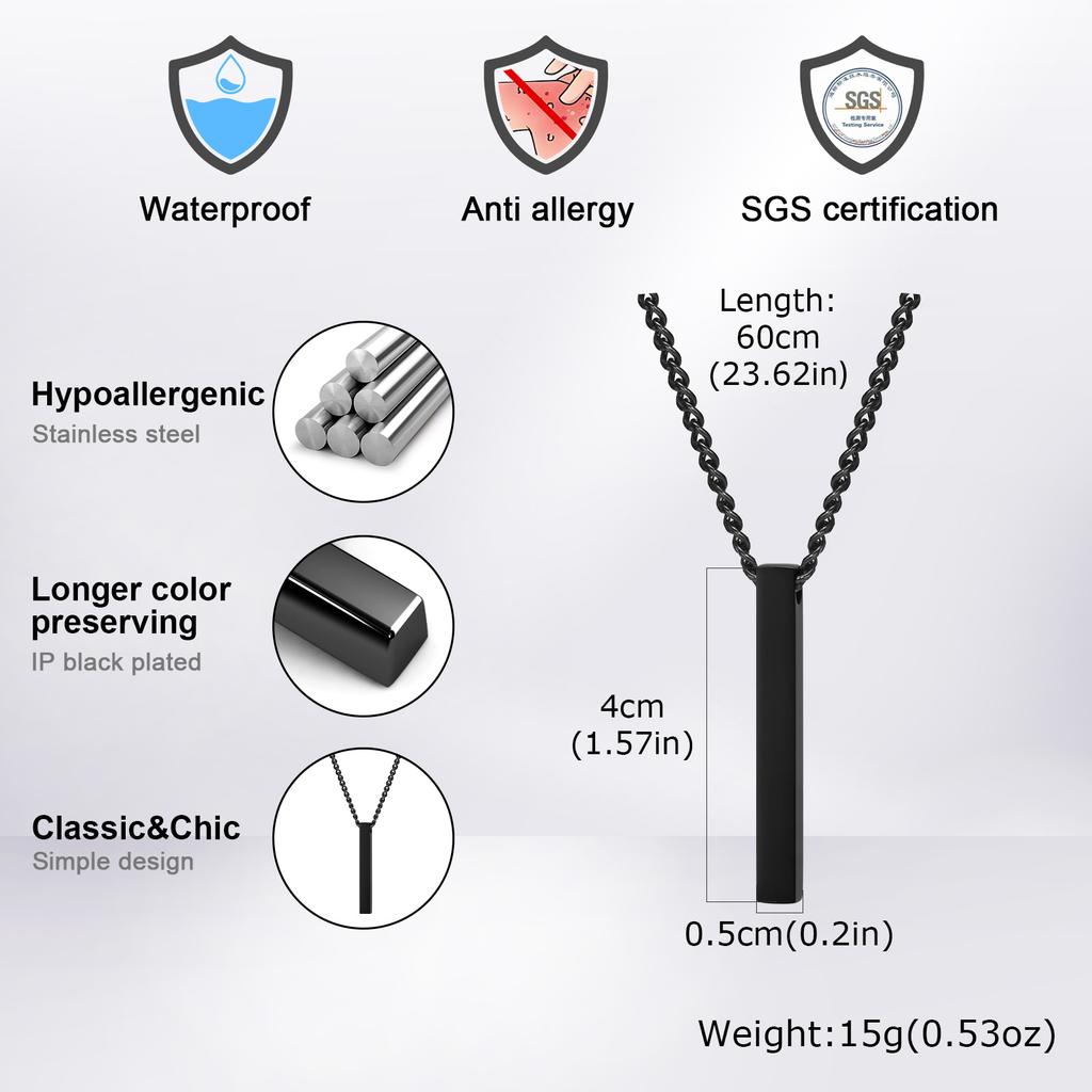 Hiphop Vertical Necklace for Men Boys,Stainless Steel Long Bar Pendant,Classic Punk Jewelry Gift