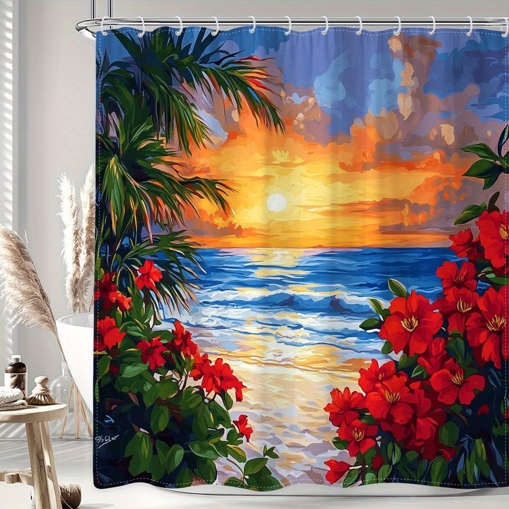 1 Piece High Quality Polyester Shower Curtain - Vibrant Beach Sunset Scenery, Machine Washable Bathroom Decor with Hooks