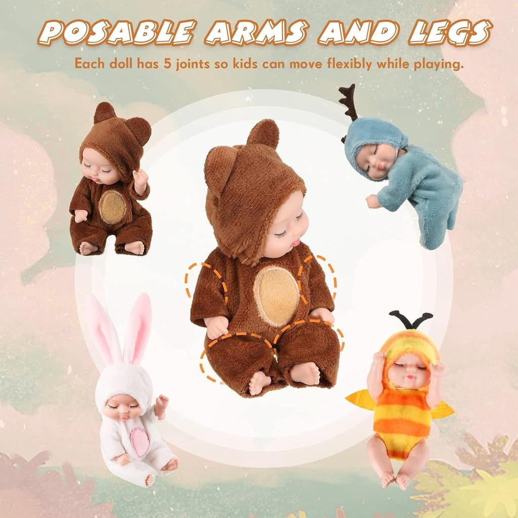 1/Pcs 4-Inch Mini Baby Reborn Doll 6-Piece Gift Set Cute Baby Doll Toy With Animal Clothes Can Sit Or Lie Down