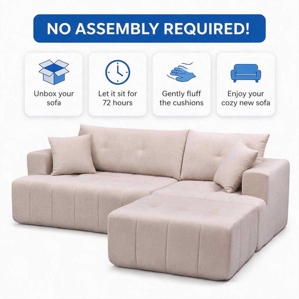 Modular Corner Sofa, Stool Positionable Left or Right, Square Armrests, Includes 2 Cushions, No Assembly, Living Room, Bedroom & Apartment, Beige