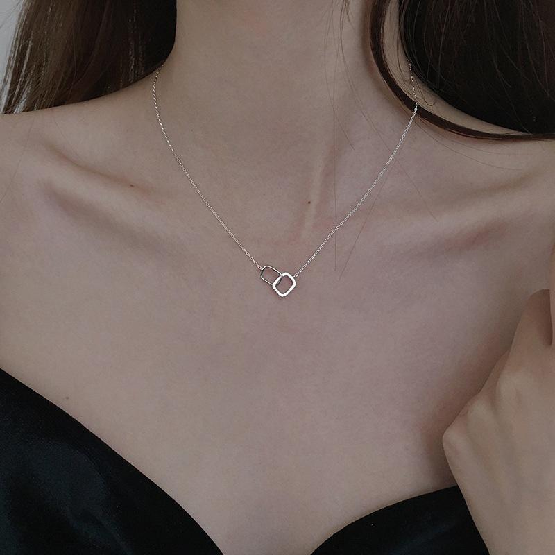 S925 Sterling Silver Square Double Ring Necklace Female Korean Version Fashion Niche Design Geometric Pendant Simple Collarbone Chain Tide