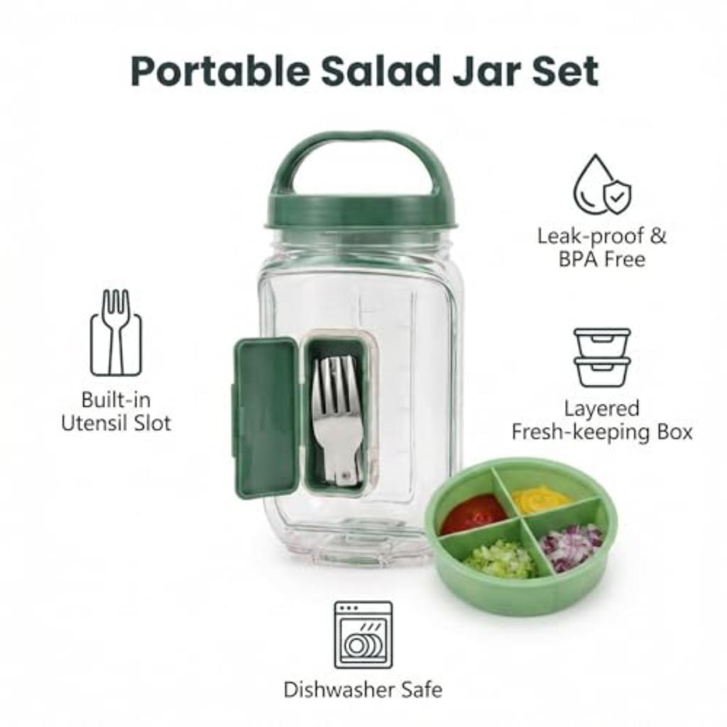 Kunststoff-Salataufbewahrungsbehälter mit seitlich zu öffnendem Deckel und Gabel-Fach Auslaufsicheres Lebensmittelaufbewahrungsglas mit luftdichtem Verschluss Tragbare Lunchbox