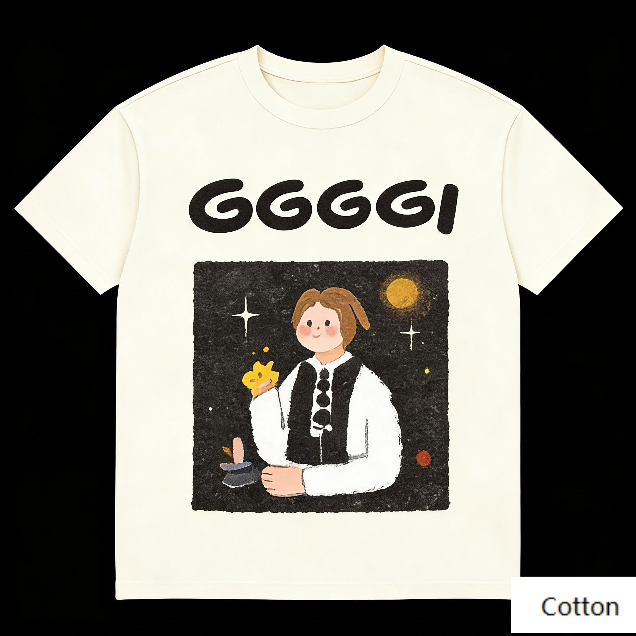Cartoon Magician & Starry Sky & GGGGI Letter Print Cotton T-Shirt, Unisex Loose Fit Casual Tee, Versatile Daily Streetwear S разноцветный