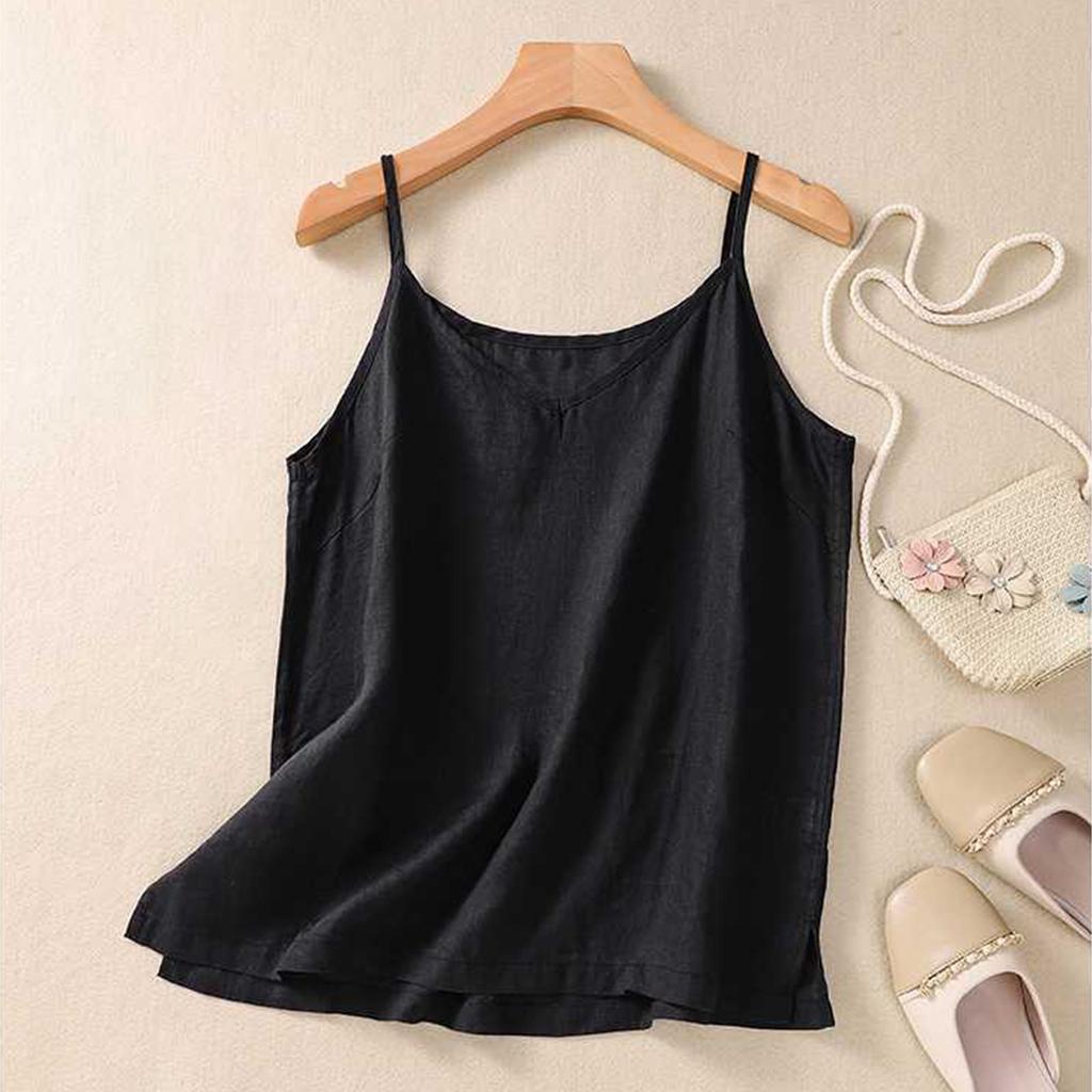 Dámský top tílko s výstřihem do V bez rukávů bavlněno-lněný základ