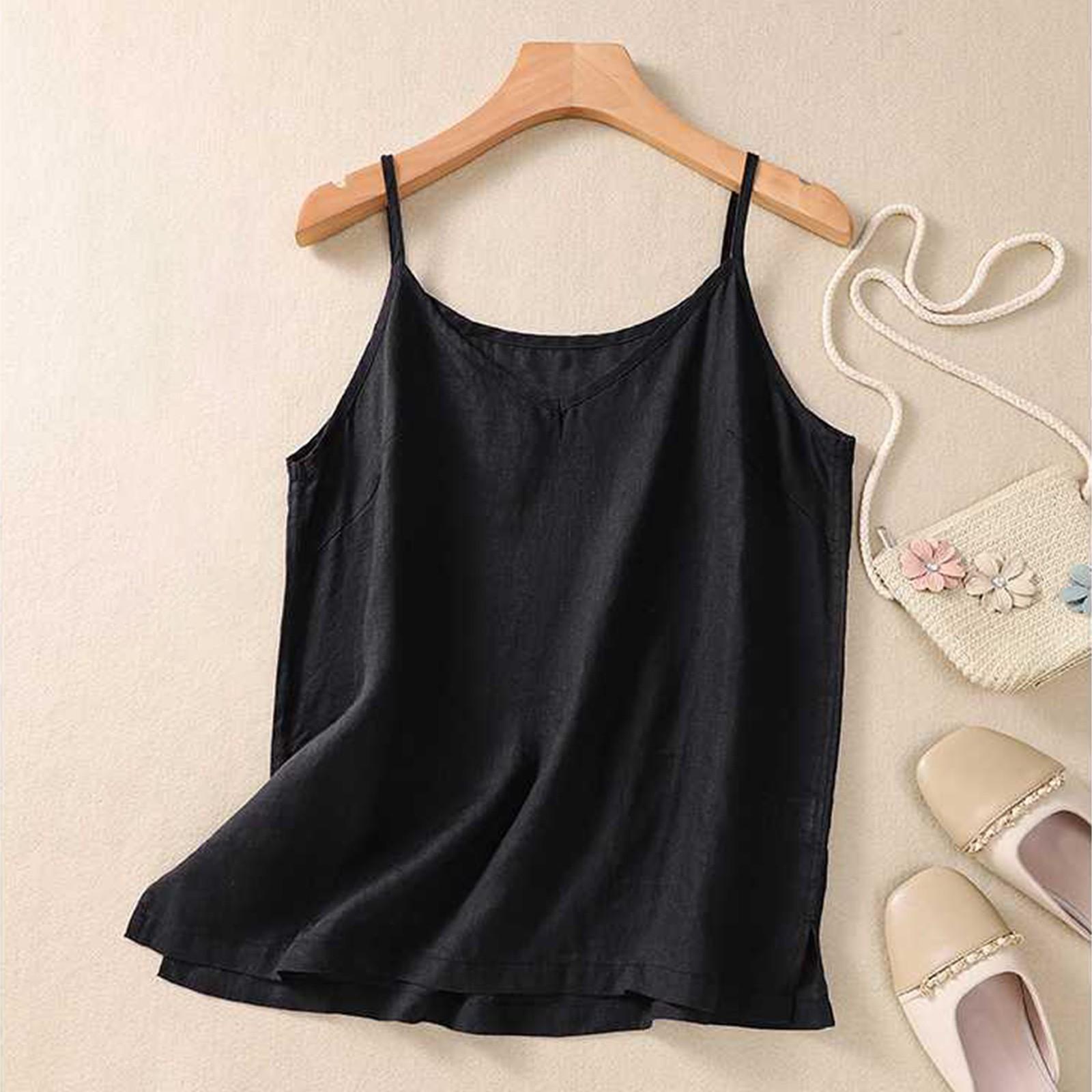 

Женский топ-майка с V-образным вырезом и безрукавкой из хлопка и льна M чёрный