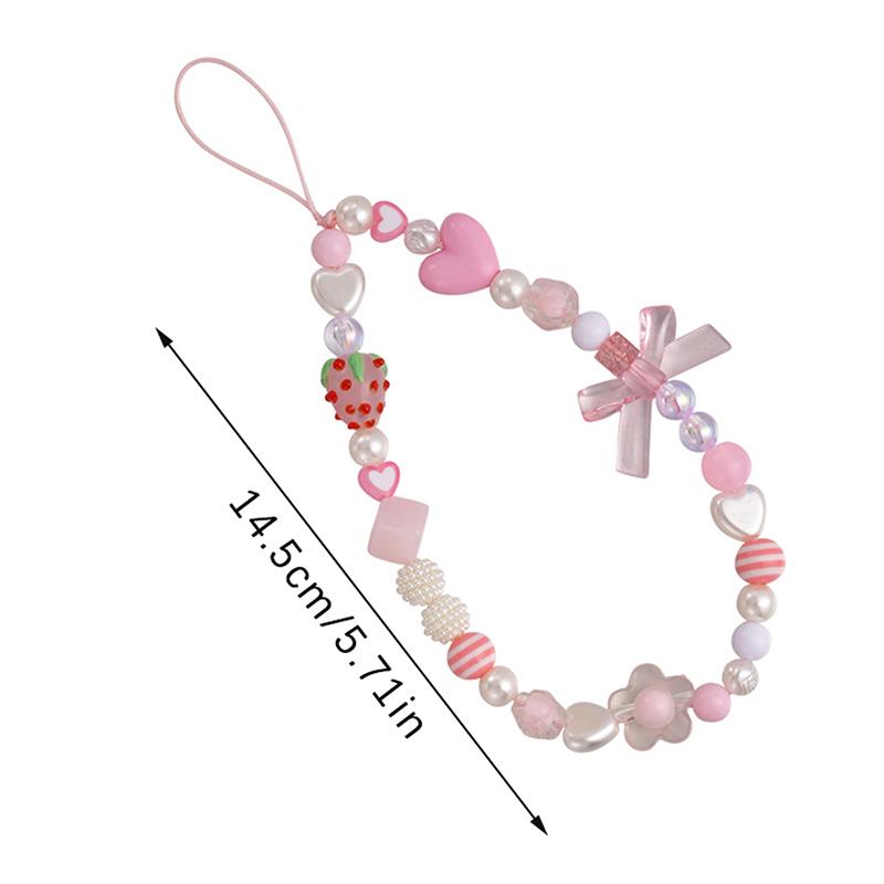 Telefoonkoordje met schattige aardbeibloemkralen, bedeltje met knoop, sleutelhanger voor mobiele telefoon, tas, camera, telefoonhoesje, hanger