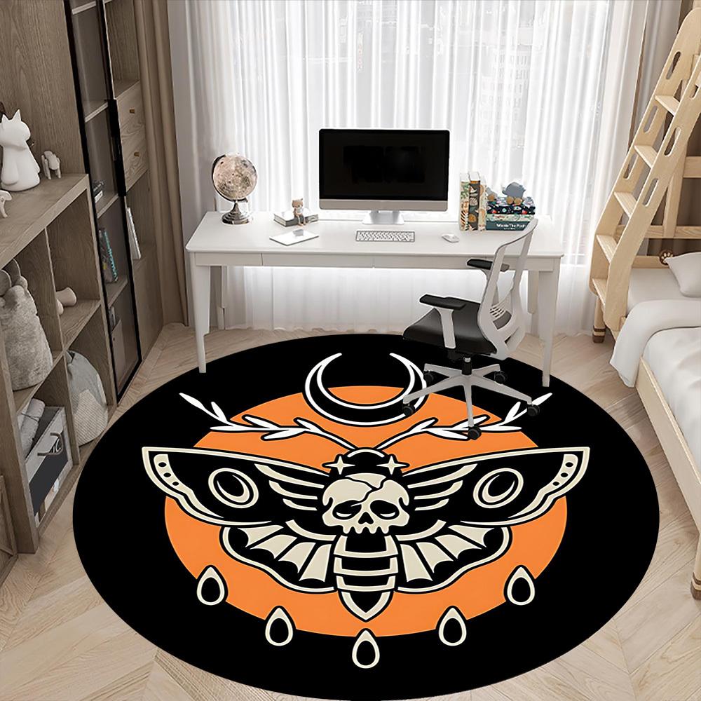 1PCMoth Skull Office Round Area Rug,  Mat Suitable For Office, Under Office Chairs Bedroom Living Room Home Decor, Room Deco