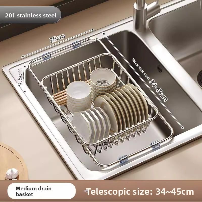 Stainless Steel Sink Drain Basket With Adjustable Size For Dish Drying And Organization