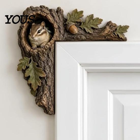 Forest Theme Room Accents Chipmunk Tree Hollow Door Topper, Decorative Wood Frame Sign, Whimsical Doorway Sculpture Woodland Animal Wall Art for Home
