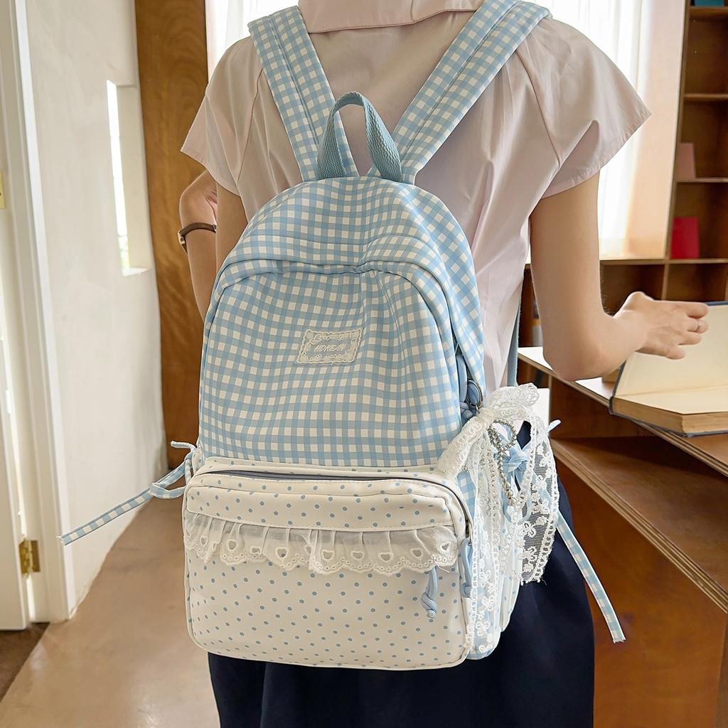 Schoolbag Small Fresh Plaid Corrugated Schoolbag Lace Girl Heart Travel Small Backpack Japanese Sweet Wind Student Party Backpack