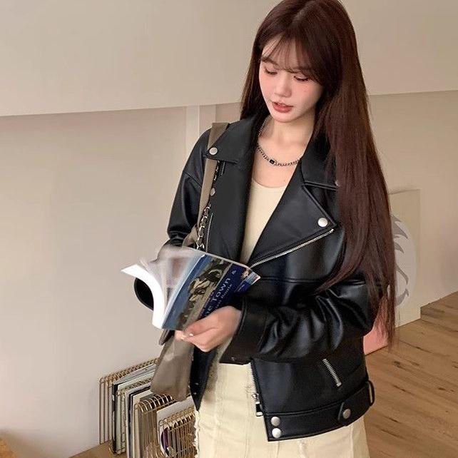 Women's Hong Kong Style Retro PU Leather Coat, Spring and Autumn Motorcycle Jacket