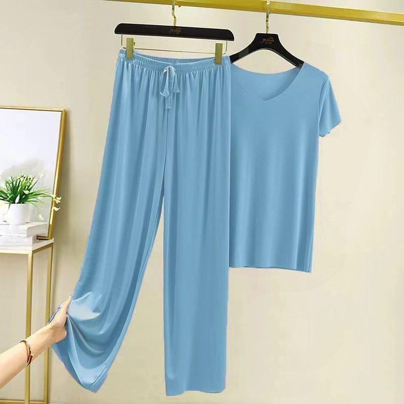 Women's Summer Pajamas V-neck Short-sleeved Top + Loose Wide-legged Pants Two-piece Set of Thin Simple Solid Color Suit