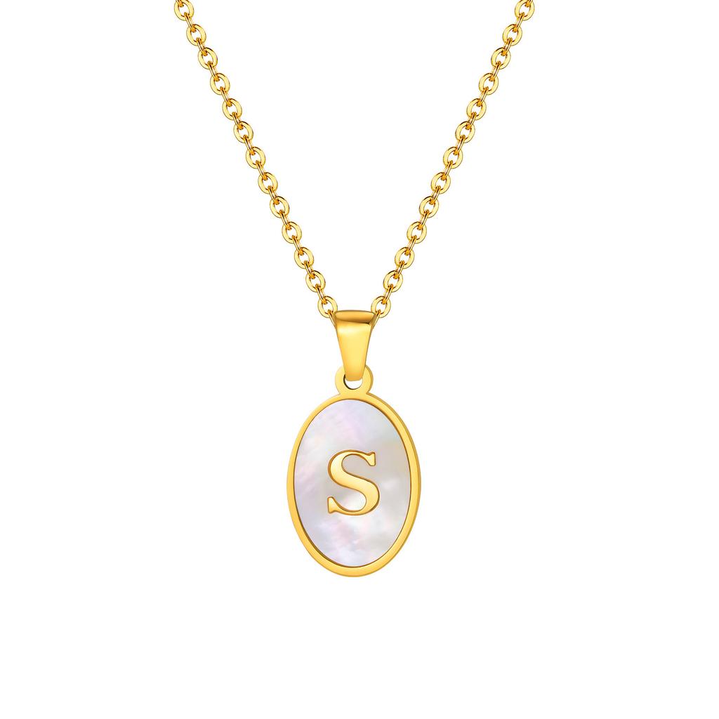 Stainless Steel Oval White Shell 26 Letter Pendant Name Letter Necklace Commemorative Gift Pn-2186
