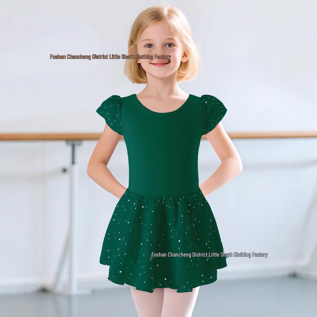 Dětské šifonové taneční šaty s flitry a křížovým zadním dílem pro balet a gymnastiku