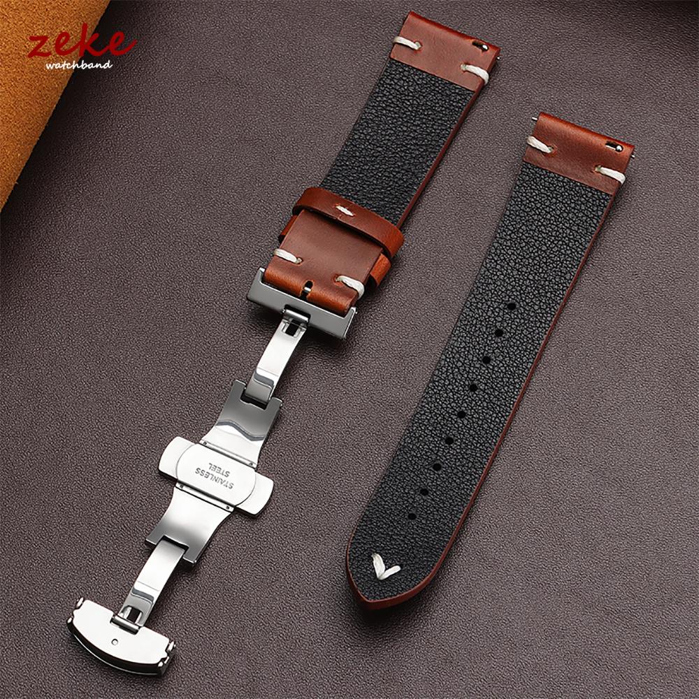 Vintage Oil Wax Leather Watch Band 18mm20mm 22mm Bracelet for Seiko Butterfly Buckle Stitching Cowhide Strap for Omega Watchband
