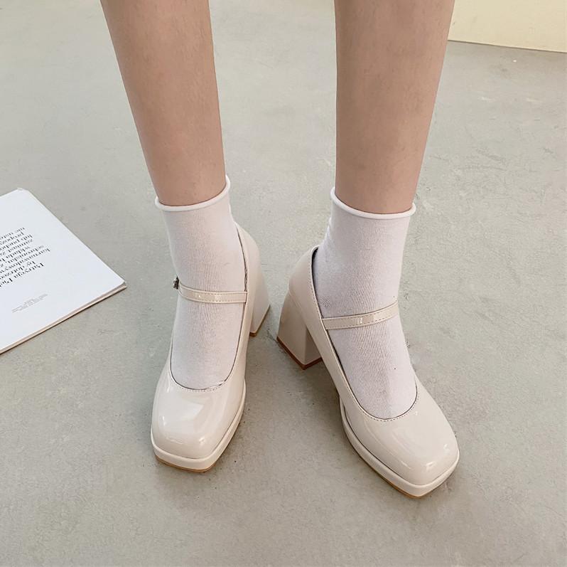 Fashion single shoes autumn new light buckle high heels thick heel square head Mary Jane shoes