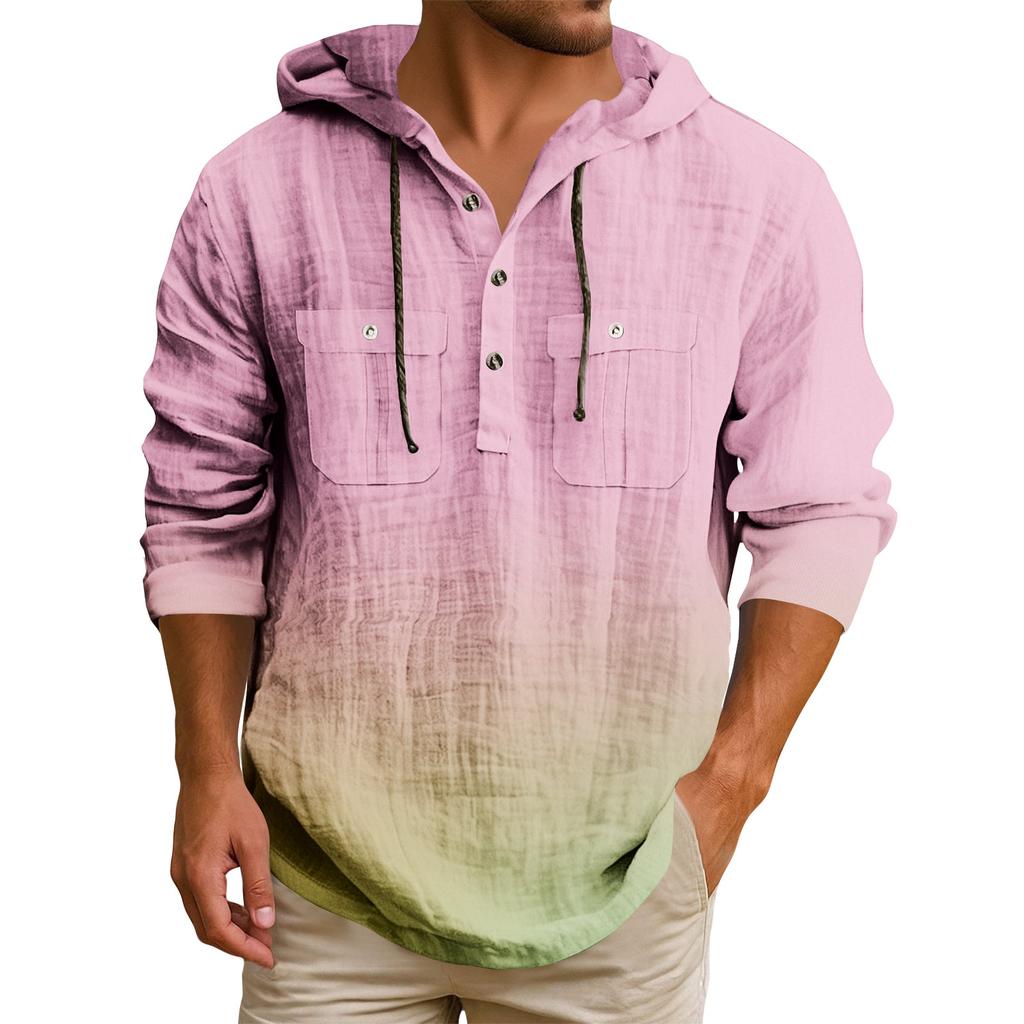 Men's Hooded T-shirt Gradient Color Cotton And Linen Men's Casual Long-sleeved Top