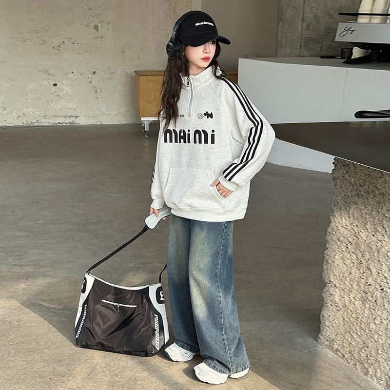 Trendy 2025 Girls' Autumn Sweatshirt & Jeans Set - Fashionable Two-Piece for Older Kids