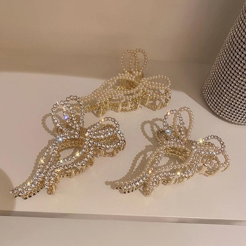 New Pearl Hair Claw Set Clip For Women Pearl Bow Hairpins Metal Hair Accessory Geometric Hollow Pincer Barrette Crystal Clip Big